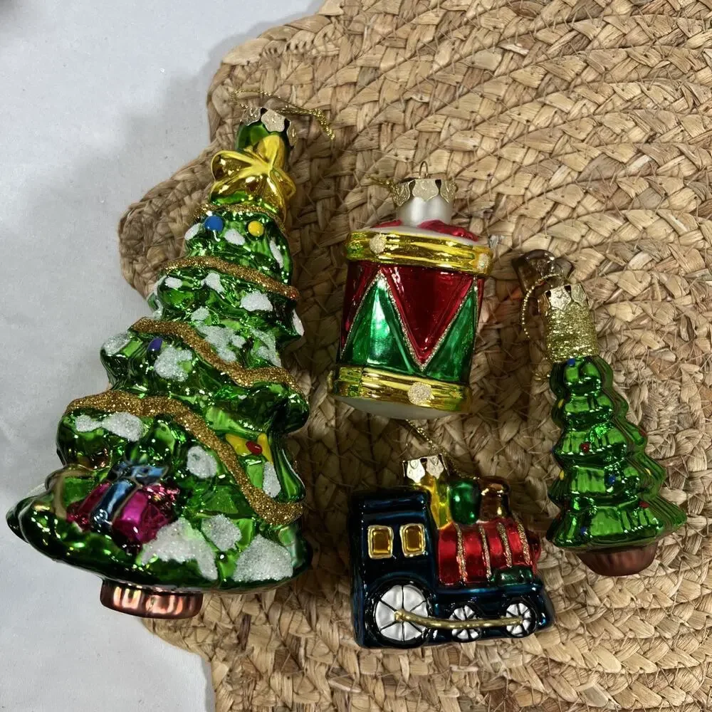Vintage Thomas Pacconi Glass Christmas Tree 3.5” & 6.5” + Drum Train Ornaments